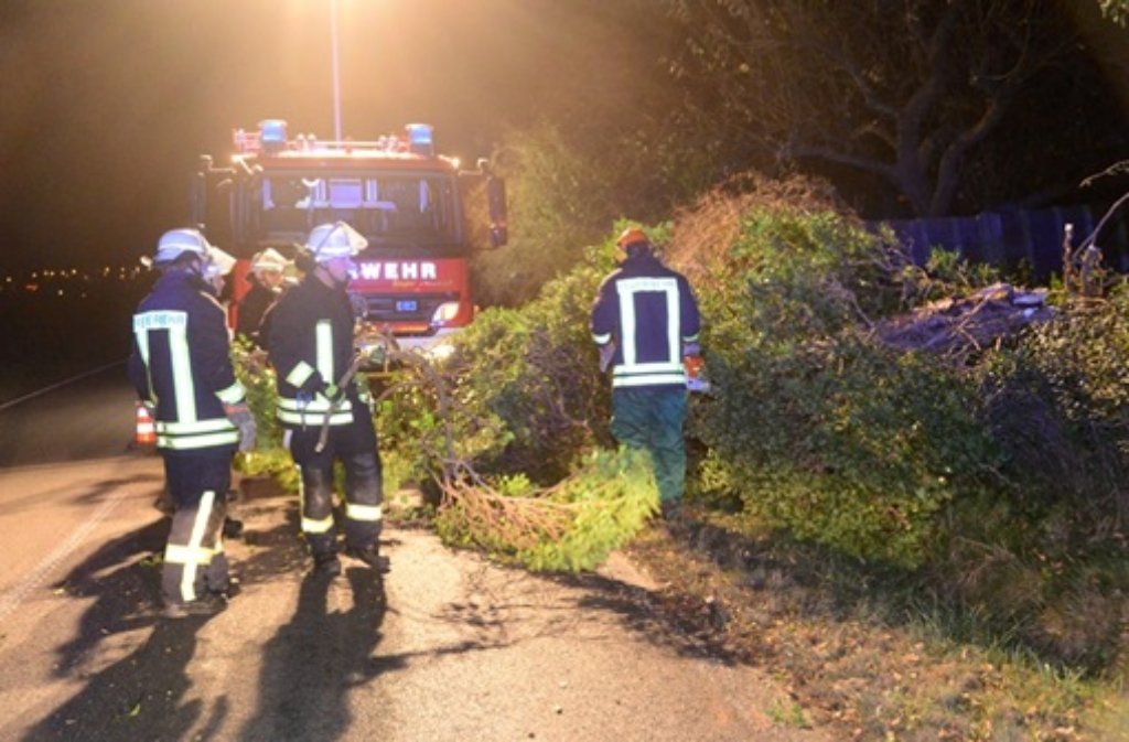 Ein Baum blockiert am Donnerstagabend die L1200 zwischen Holzmaden und Weilheim an der Teck im Kreis Esslingen. Die Straße muss kurzzeitig gesperrt werden während die Feuerwehr die Fahrbahn freiräumt. Sturm Xaver sorgt in der Region Stuttgart für kleinere Schäden.