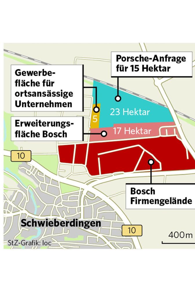 Rund 15 Hektar will Porsche in direkter Nachbarschaft zum bestehenden Bosch-Quartier an der Bundesstraße 10 nutzen.
