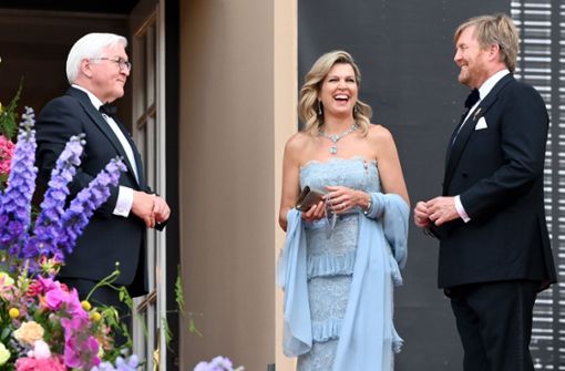 Sie ist bekannt für ihre ansteckend gute Laune: Königin Máxima und König Willem-Alexander lachen mit Bundespräsident Frank-Walter Steinmeier (links). Foto: dpa/Jens Kalaene