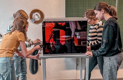Ein 3D-Drucker wird am Gottlieb-Daimler-Gymnasium in Betrieb genommen. Foto: Volksbank Stuttgart