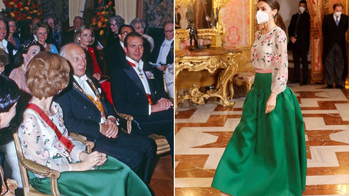 Nachhaltige Royals: Spaniens Königin Letizia trägt ein Kleid, das ihre Schwiegermutter Sofía 1977 bei einem Besuch in Deutschland ausführte. 