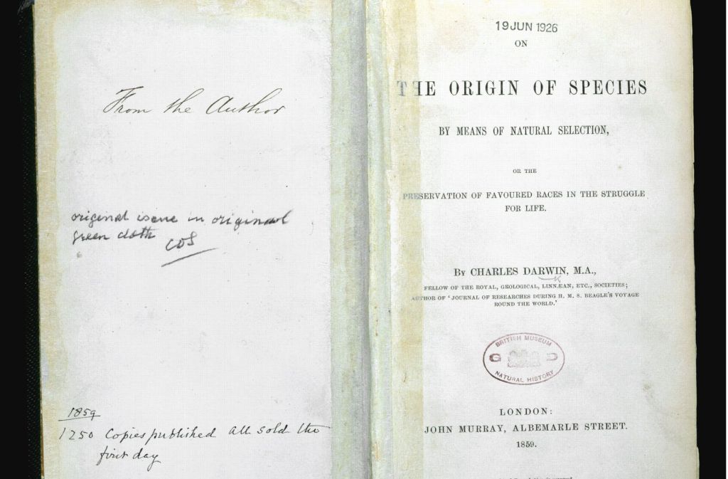 Das Foto zeigt eine Erstausgabe von Darwins bahnbrechendem Werk „The Origin of Species“ (Die Entstehung der Arten) aus dem Jahr 1859. Mit seinem Buch kippte der anglikanische Theologe und Biologe das Weltbild seiner Zeit komplett um.