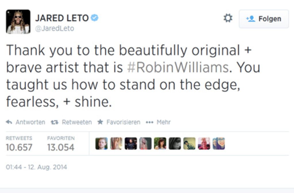 Oscar-Preisträger Jared Leto würdigte seinen Kollegen als "mutigen Künstler". "Du hast uns beigebracht, auf der Kante zu stehen, ohne Angst zu leuchten", schrieb Leto auf Twitter.