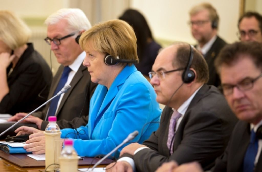 Von links: Außenminister Frank-Walter Steinmeier, Kanzlerin Angela Merkel, Landwirtschaftsminister Christian Schmidt und Entwicklungsminister Gerd Müller.