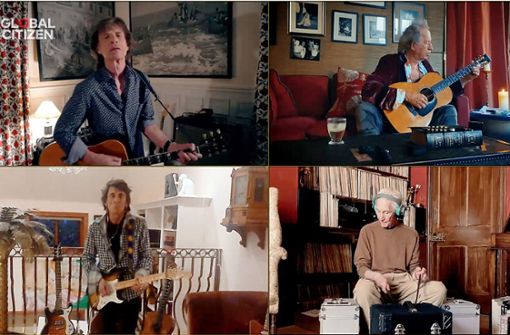 Mick Jagger, Keith Richards, Charlie Watts und Ron Wood spielen getrennt und doch gemeinsam „You Can’t Always Get What You Want“. Foto: dpa/Olivier Douliery