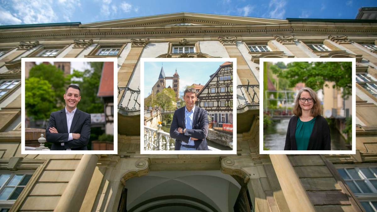 Nachdem nach Gebhard Mehrle (parteilos) und Vittorio Lazaridis (Grüne) auch Martin Auerbach (Die Linke) seinen Verzicht auf eine Kandidatur beim zweiten Wahlgang am 25. Juli verkündet hat, sind Daniel Töpfer (CDU, FDP, Freie Wähler), Matthias Klopfer (SPD) und Gabriela Letzing (parteilos) (von links nach rechts) die verbliebenen Anwärter auf den OB-Posten.