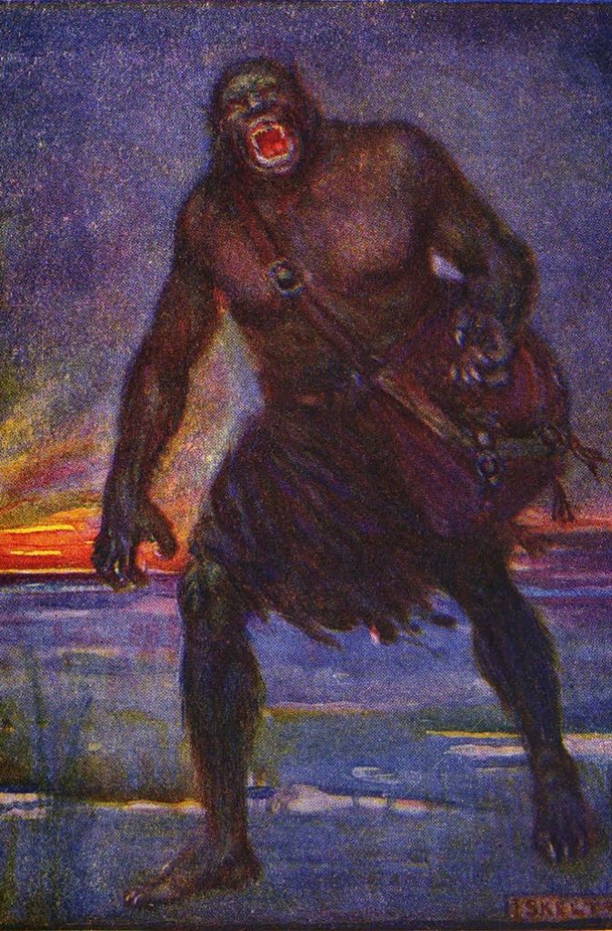 Grendel: Eine monströse Gestalt aus der frühen angelsächsischen Heldenepik. Im Epos „Beowulf“ (entstanden 700 bis 1000 n. Chr.) ist Grendel nebst Mutter und einem Drachen Gegenspieler des Helden (Gemälde von Henrietta Elizabeth Marschall, 1908)