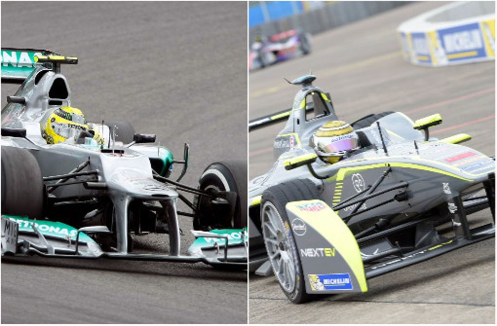 Ein Formel-1-Wagen (links) beschleunigt von 0 auf 100 Stundenkilometer in nur 2,5 Sekunden. Bei einem Formel-E-Auto dauert die Beschleunigung 2,9 Sekunden.