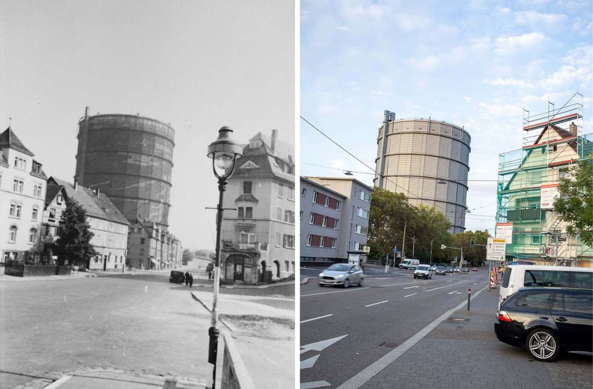 The gas boiler in 1942 and today - click through the photo gallery for a detailed comparison and other motifs.  Photo: City Archives, Lg / Piechowski / Montage: Plavec