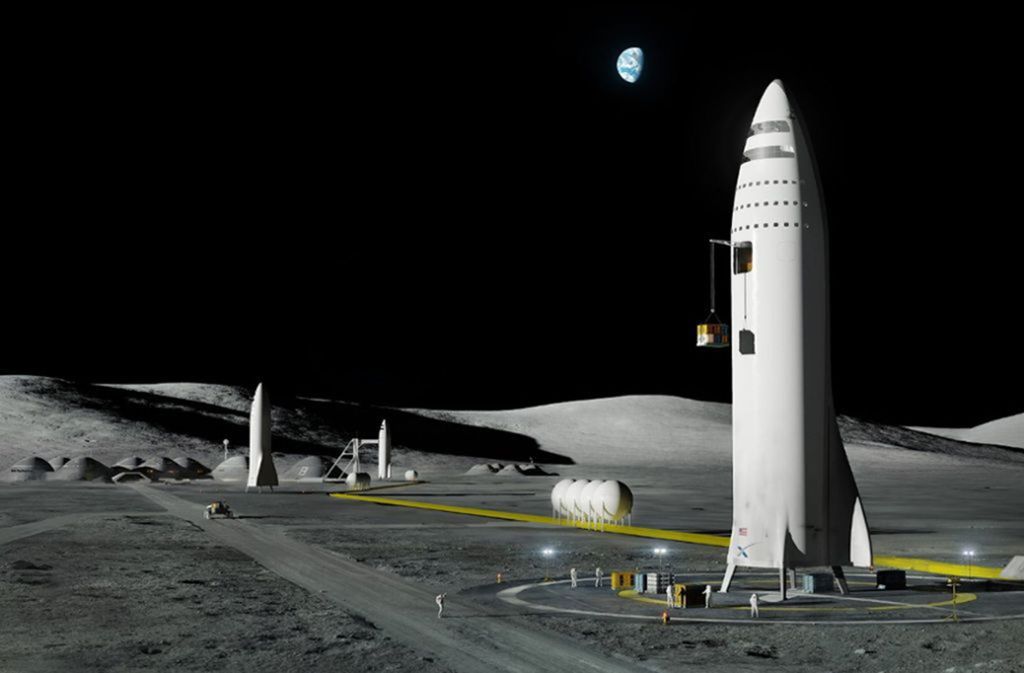 Die von dem Raumfahrtunternehmen SpaceX zur Verfügung gestellte Computergrafik zeigt ein geplantes Raumschiff und die „Mars City“ auf dem Mars.