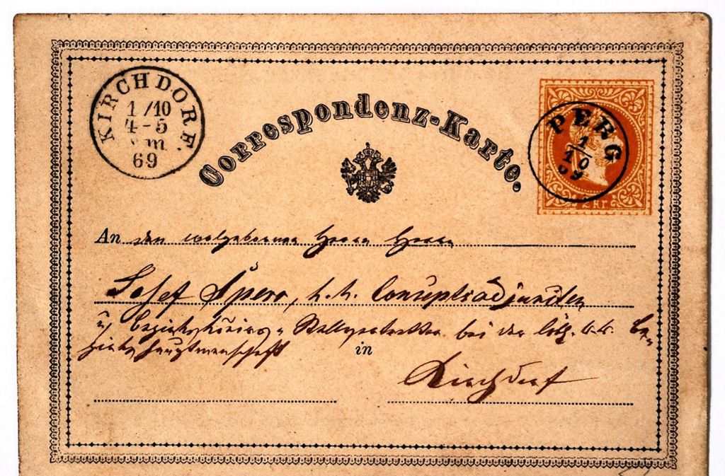 Die erste jemals verschickte Postkarte vom 1. Oktober 1869.