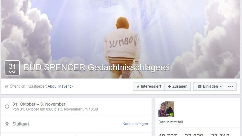  In Rom ist Bud Spencer zu Grabe getragen worden, in Stuttgart soll seiner Ende Oktober gedacht werden – mit einer Gedächtnisschlägerei, wenn man dem Internet glauben schenken möchte. 