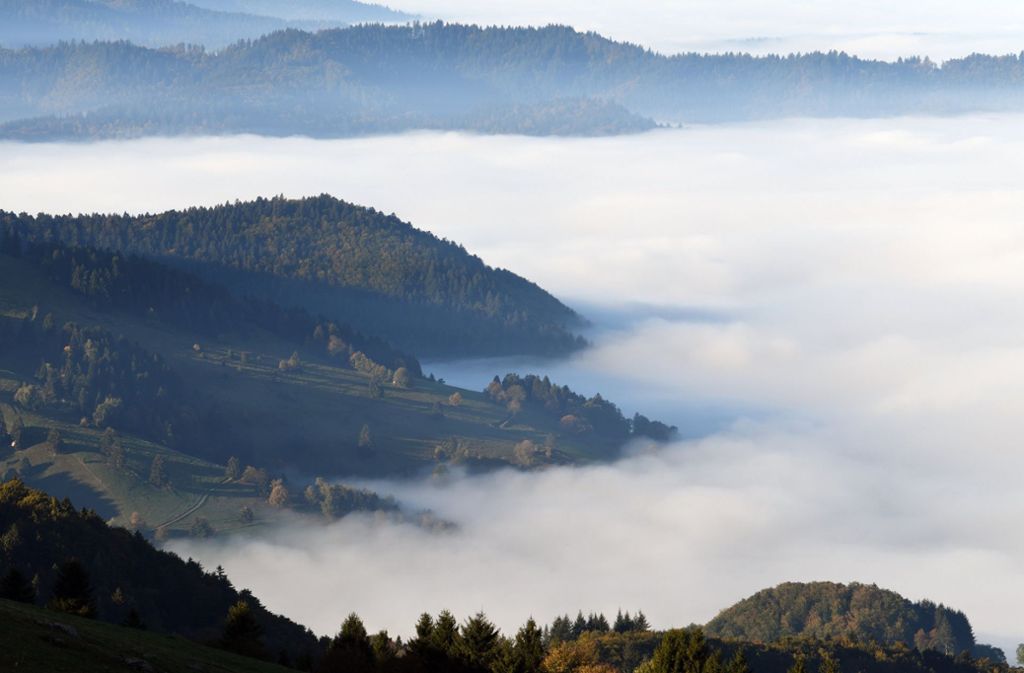 Baden-Württemberg, Horben: Nebel liegt in den Tälern am Fuße des Berges Schauinsland im Schwarzwald.
