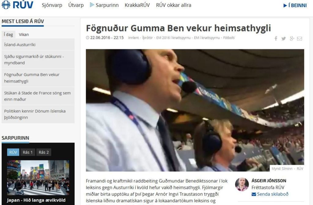 Frenetischer Jubel: Der isländische Kommentator Gudmundur Benediktsson flippt beim Sieg der Isländer gegen Österreich aus. Foto: screenshot/RUV
