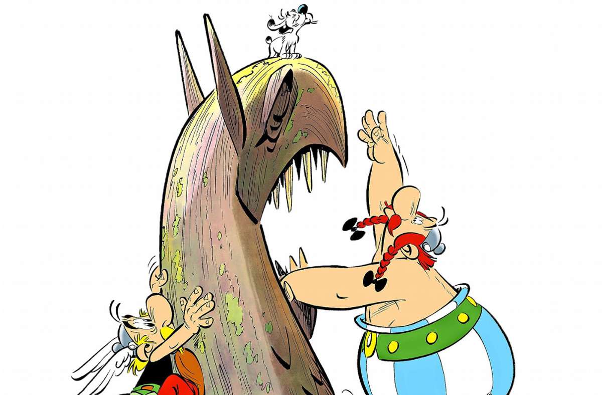 Die Gallier Asterix (links),  Obelix (rechts) und Idefix auf dem Titel des nächsten  Abenteuers „Asterix und der Greif“ Foto: Egmont Ehapa/Les éditions Albert René