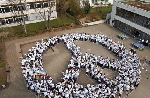 Ganz in weiß gekleidet formen Schüler und Lehrer des Wendlinger Robert Bosch-Gymnasiums das Friedenszeichen auf dem Pausenhof ihrer Schule. Foto: Kerstin Dannath