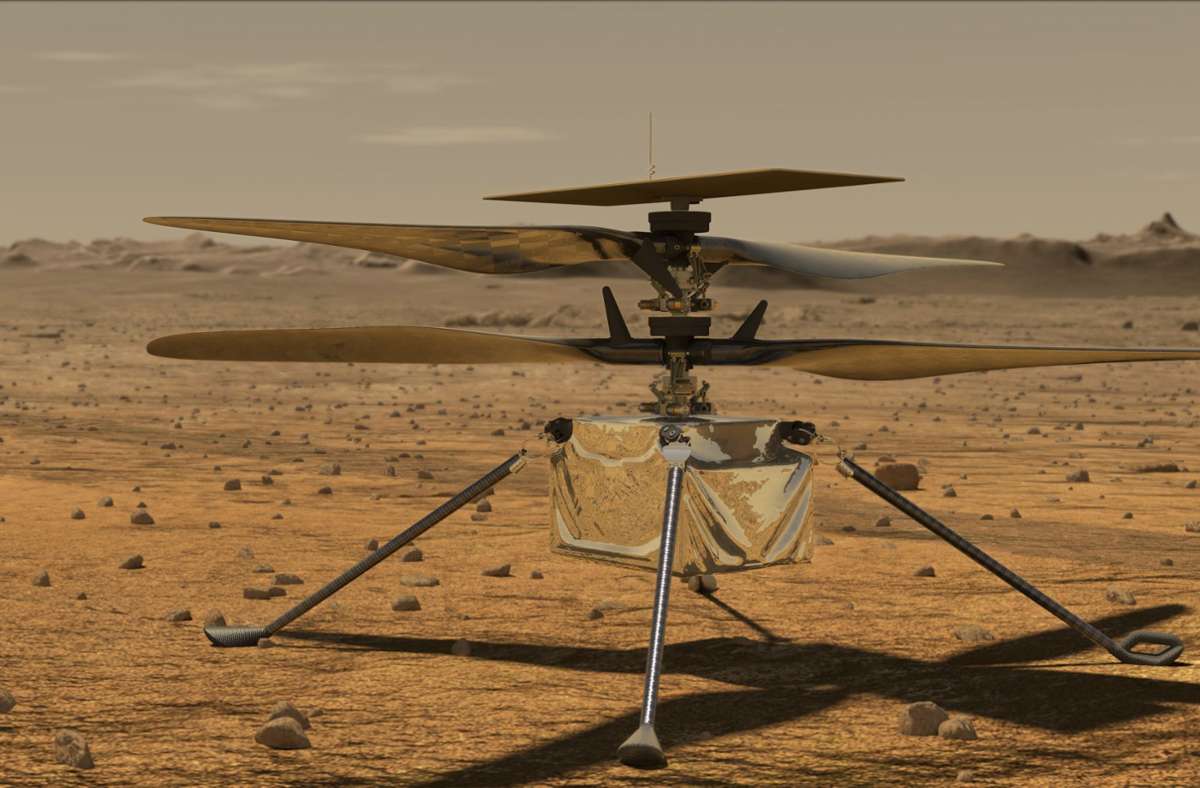 Der Hubschrauber landet auf der Mars-Oberfläche.