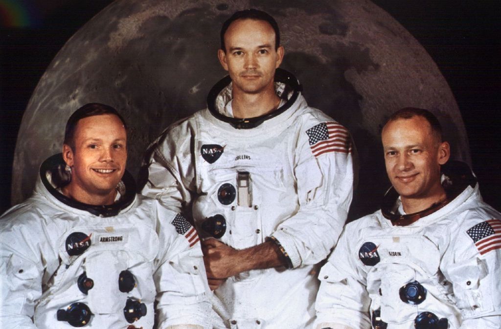 Julit 1969: Die Besatzung der Apollo 11 (von links nach rechts) – Neil Armstrong, Michael Collins und Edwin Aldrin.