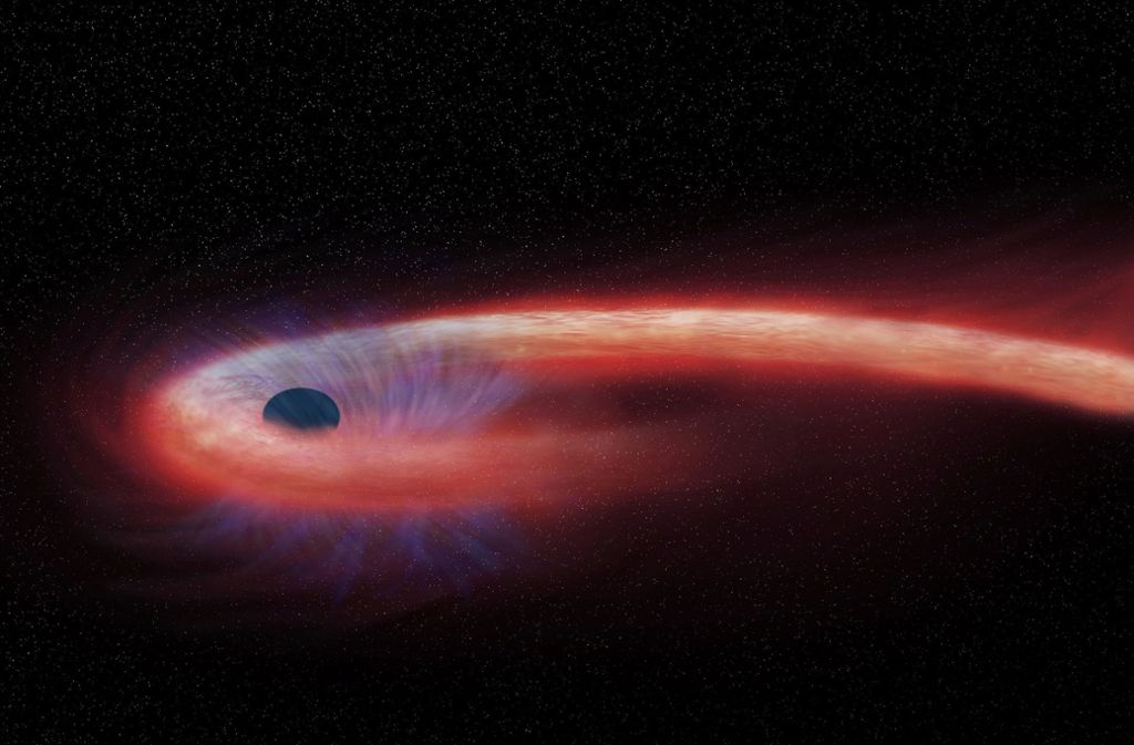 Diese künstlerische Darstellung der US-Weltraumbehörde Nasa zeigt einen Stern, der von einem schwarzen Loch verschluckt wird und dabei einen Schweif aus Röntgenstrahlen (dargestellt in rot) abgibt.