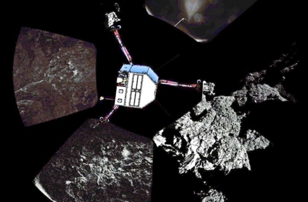 Aufnahmen vom dunklen Kometen – Philae ist zur Orientierung eingezeichnet. Foto: dpa
