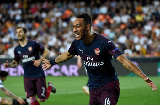 Arsenals Torschütze Pierre-Emerick Aubameyang feiert seinen dritten Treffer in dem Europa League Spiel gegen   Valencia Foto: AFP