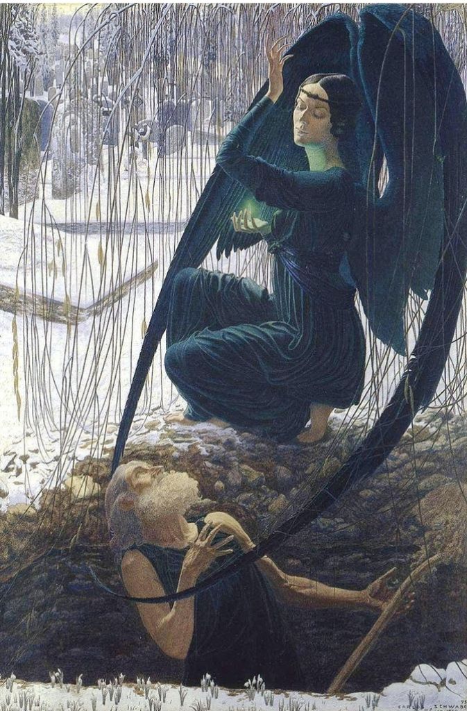 Düsterer Bote: Der Engel des Todes bringt Menschen den Tod. Er begleitet Verstorbene ins Jenseits und empfängt sie dort, um sie zu richten (Gemälde von Carlos Schwabe „Der Tod des Totengräbers“, 1890er Jahre).