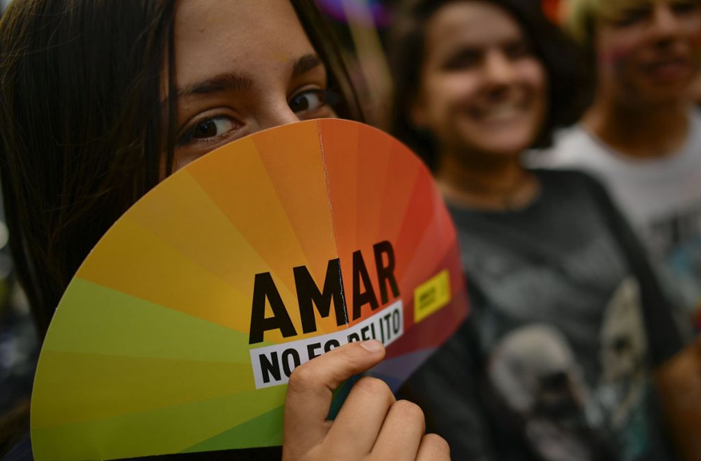 Während eines Protestzuges weist eine Teilnehmerin auf Folgendes hin: „Zu lieben ist kein Verbrechen.“ – Das World Pride-Festival findet bis Sonntag statt.