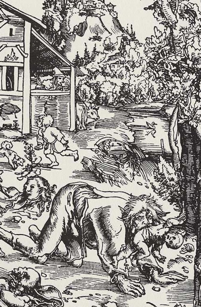 Werwolf: Bei Vollmond verwandelt ein von einem Werwolf Gebissener selbst in eine reißende Bestie, halb Mensch halb Wolf. Das Phänomen gehört zu den Wertieren, die sich weltweit in Religionen und Mythologien finden (Holzschnitt von Lukas Cranach dem Älteren, 1512).