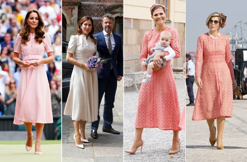 Royaler Partnerlook (von links): Herzogin Kate und Kronprinzessin Mary haben das gleiche Kleid im Schrank, genauso wie Kronprinzessin Victoria und Königin Máxima. Foto: Imago/TT/PPE