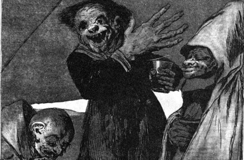 Goblin: Kleine, bösartige und hässliche Plagegeister. Wie Kobolde verfügen sie oft über Zauberkräfte und neigen zu Grausamkeit und Verrücktheit (Druck von Fransisco de Goya, 1799).