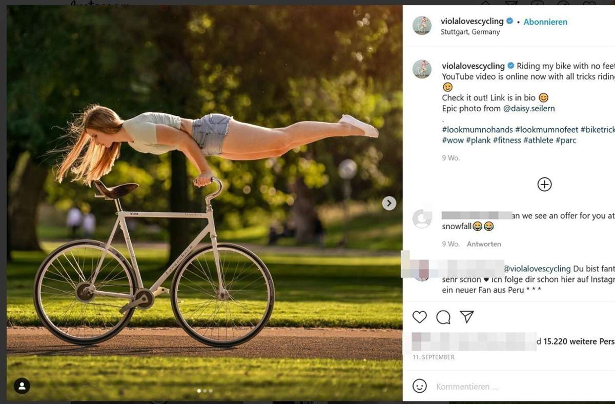 Die Kunstradfahrerin Viola Brand hat Instagram-Fans auf der ganzen Welt. Foto: instagram.com/violalovescycling/Daisy Seilern