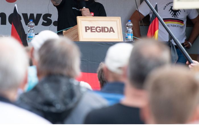 Pegida-Demonstration in Dresden: Zwei Männer zeigen  den Hitlergruß