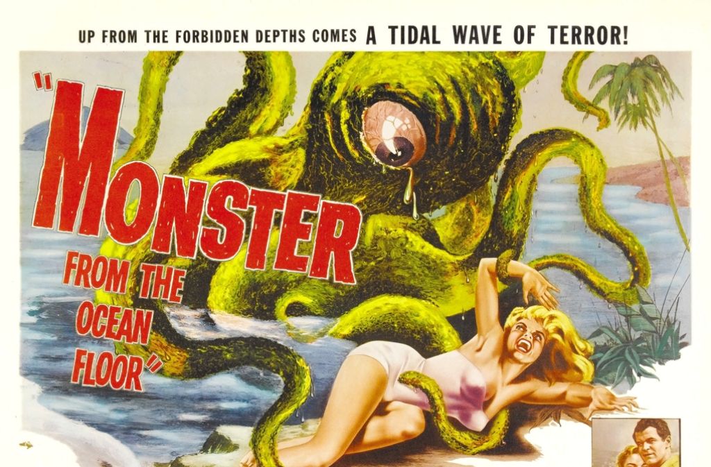 Platz 10: Ein Film, der eine große Karriere startete. Dieser Film ist das Debüt des B-& C-Movie-Produzentenkönigs Roger Corman. Für „Monster from the Ocean Floor“ konnte er 1954 gerade einmal 12 000 Dollar zusammenkratzen, ein Vermögen für ihn, aber zu wenig, um einen mit acht Oktopusarmen zupackenden Film zu drehen. Wie seine Kollegen vertraute er auf packende Plakate und Aushangbilder ...