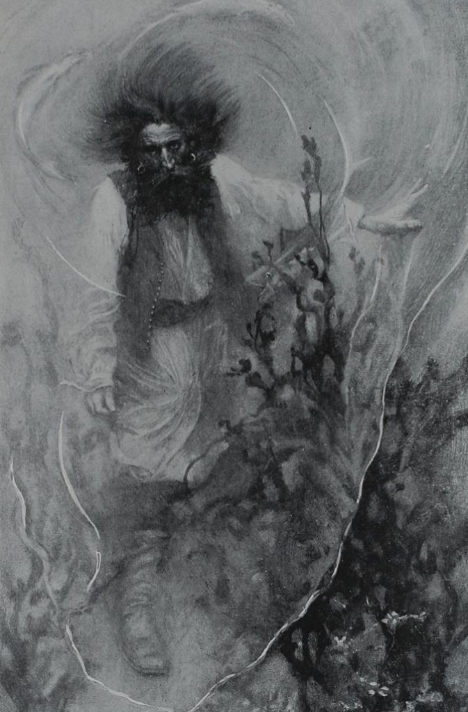 Gespenst: Im Volksglaube sind Gespenster mit übernatürlichen Fähigkeiten ausgestattete Geistwesen. Wenn es spukt, sind die Totengeister unterwegs – oft in nebelhafter Gestalt (Gemälde von Howard Pyle, 1921).