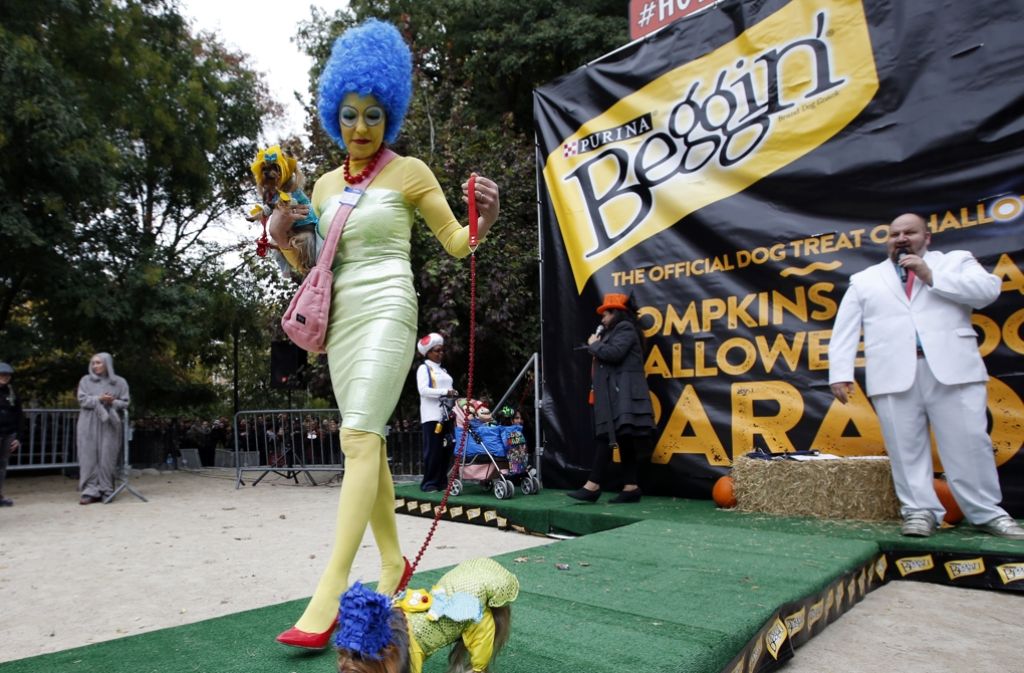 Große und kleine Marge Simpson: für eine Halloween-Parade in New York haben Hundebesitzer ihre Lieblinge in Kostüme gezwängt und vorgeführt. Darüber lacht der Amerikaner und die Hunde wundern sich.