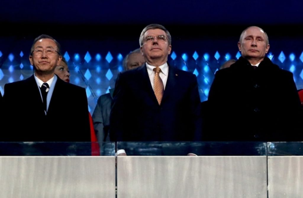 Von links: UN-Generalsekretär Ban Ki Moon, der russische Präsident Vladimir Putin und IOC-Präsident Thomas Bach.