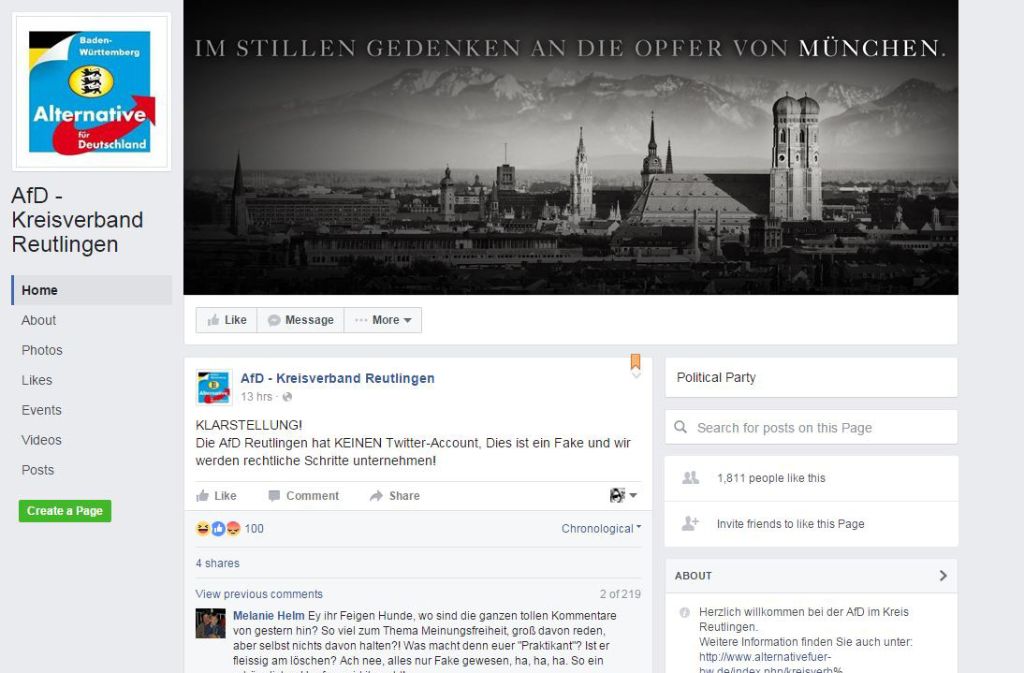 Der AfD-Kreisverband Reutlingen distanziert sich auf seiner Facebook-Seite deutlich von dem gefälschten Twitter-Account. Foto: Screenshot / facebook.com / AfD-Kreisverband-Reutlingen