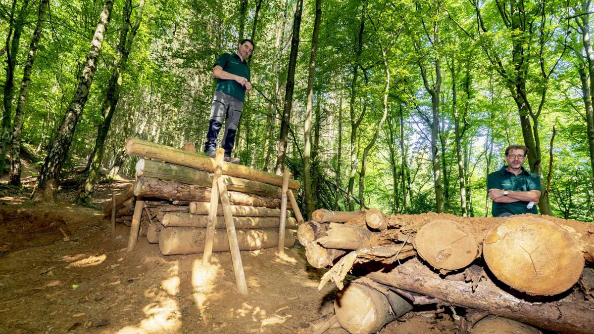  Mitarbeiter der Landesanstalt Forst Baden-Württemberg wollen den in einem Waldstück bei Kuchen gelegenen Mountainbike-Trail legalisieren. Dazu müssten sich aber die Erbauer und Nutzer melden. Jetzt ist der Kurs erst einmal gesperrt. 