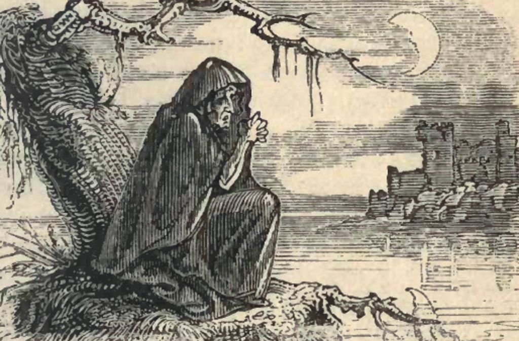 Banshee: Die aus der irisch-gälischen Kultur stammende Sagengestalt ist ein weiblicher Geist aus der Anderswelt, dessen Erscheinung einen bevorstehenden Tod in der Familie ankündigt („Bunworth Banshee“, Illustration von Thomas Crofton Crokers, 1825).