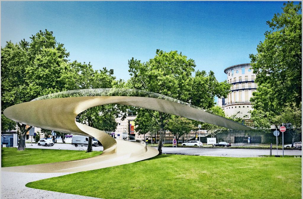 „Das goldene Band“, eine Metallkonstruktion verbindet in dieser Darstellung den Platz vor dem Landtag mit dem Platz vor der Musikhochschule.