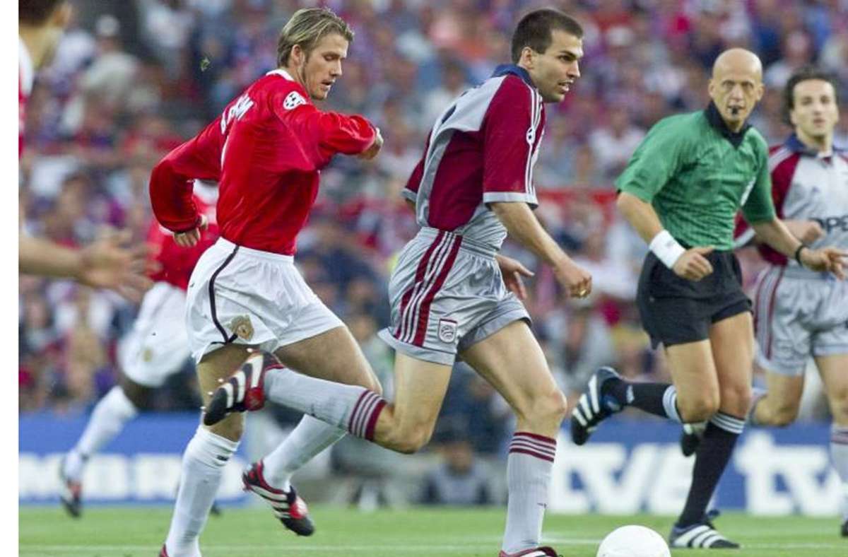 Eine ihrer schmerzlichsten Niederlagen bezogen die Bayern im CL-Finale von 1999 gegen Manchester United mit David Beckham (li.). Markus Babbel (re.), später Spieler und Cheftrainer beim VfB, stand in der vom Italiener Pierluigi Collina geleiteten Finalpartie in der Elf der Münchner. Bei der 1:2-Niederlage fielen beide ManU-Treffer durch Sheringham und Solskjaer in der Nachspielzeit.