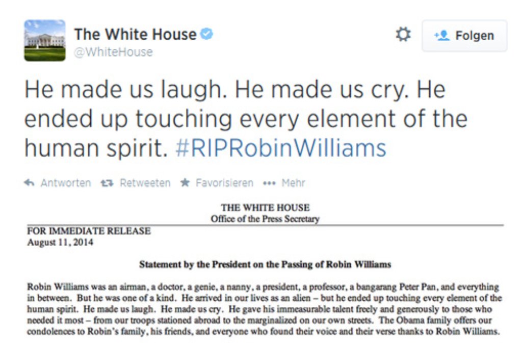 Das Statement des Weißen Hauses zum Tod von Robin Williams.
