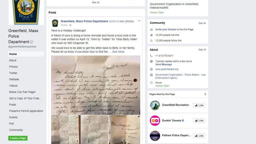 Greenfield im US-Staat Massachusetts: Polizisten suchen Liebesbrief-Verfasser aus dem Jahr 1944