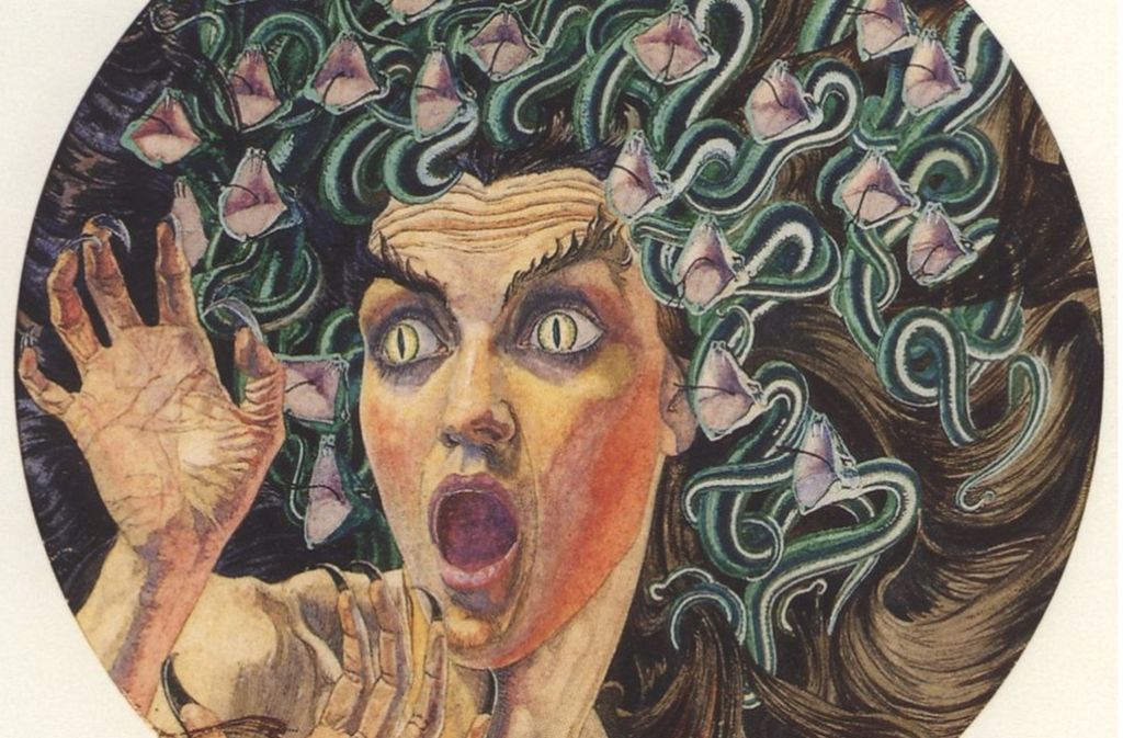 Medusa: Eine der in der griechischen Mythologie beschriebenen Gorgonen, Tochter der Meeresgottheiten Phorkys und Keto, Schwester von Stheno und Euryale. Als einzige der drei Gorgonen ist sie sterblich. Der Held Perseus schlug ihr das Schlangenhaupt ab (Gemälde von Carlos Schwabe, 1890).