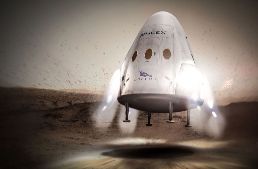 In Zukunft soll eine „Red Dragon“ Raumkapsel für eine unbemannte Marsmission eingesetzt werden. Mit Hilfe der „Falcon Heavy“ als Startrakete wird sie ins All katapultiert..