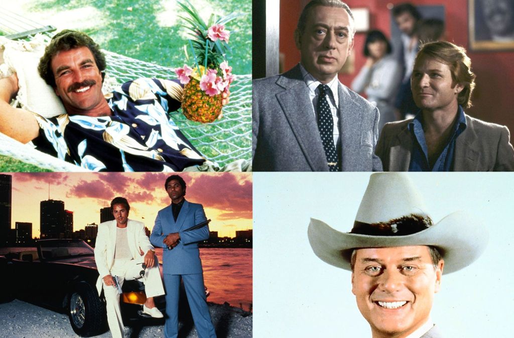 Magnum, Derrick, Miami Vice und Dallas (von links oben im Uhrzeigersinn) sind nur vier Kultserien in den 1980er Jahren gewesen. Foto: AP, ZDFNeo, ZDF, Super RTL