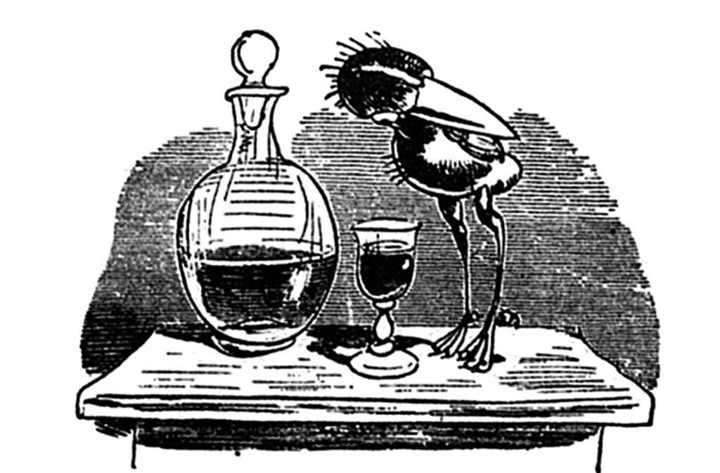 Unglücksrabe: „Jetzt aber naht sich das Malör, Denn dies Getränke ist Likör“ (Bild aus Wilhelm Buschs „Hans Huckebein, der Unglücksrabe“, 1867/68).