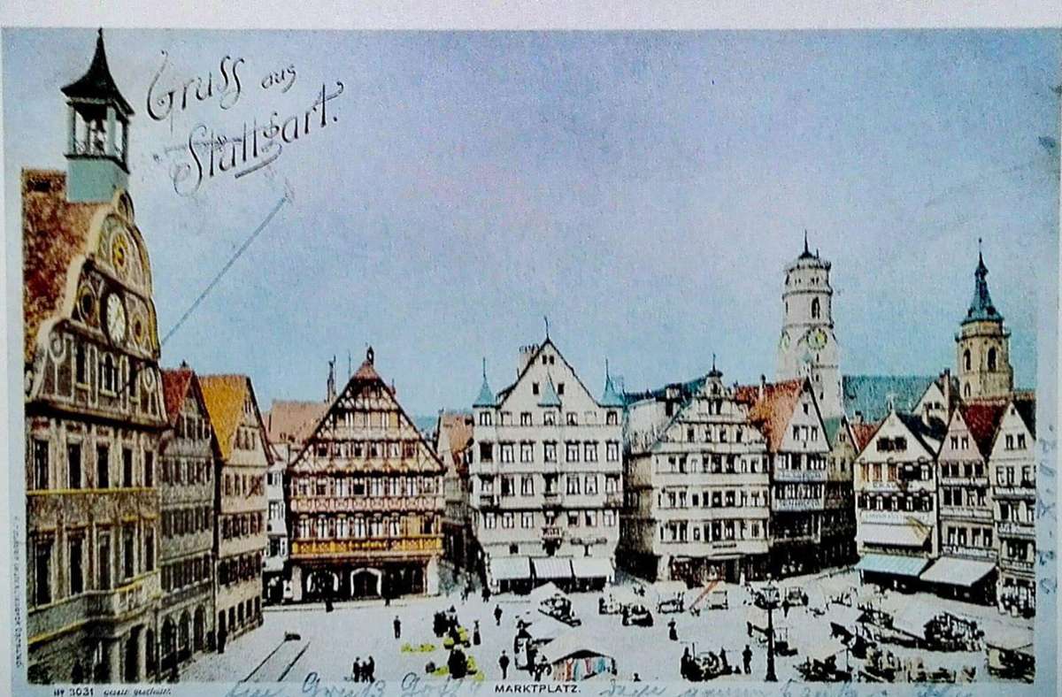 Diese Ansicht vom Stuttgarter Marktplatz mit dem alten Rathaus (links) stammt vermutlich aus dem Jahr 1890. Rechts ist Spielwaren Kurtz zu sehen. Foto: /Sammlung Harald Frank