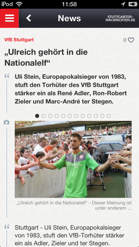 So sieht die "Mein VfB"-App im iOS-Betriebssystem für Apple-Geräte aus: die aktuelle VfB-Berichterstattung von Stuttgarter Zeitung und Stuttgarter Nachrichten.