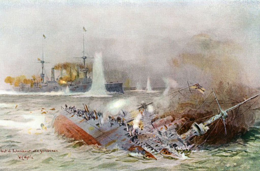 Der 1906 vom Stapel gelaufene Große Kreuzer der Kaiserlichen Marine SMS Scharnhorst sank am 8. August 1914 im Seegefecht bei den Falklandinseln (Gemälde von William Lionel Wyllie, 1918).